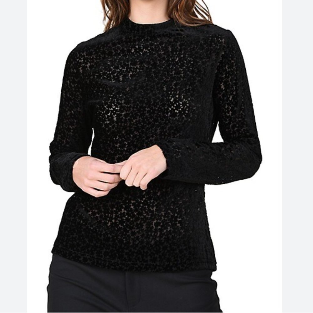 NWT MOLLY BRACKEN BURNOUT BLACK VELVET FLORAL SHEER HIGH NECK LONG SLEEVE SHIRT